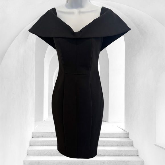 Misha Collection Black crepe off shoulder Brooklyn midi Dress Style RE1641DRBK - Picture 3 of 7